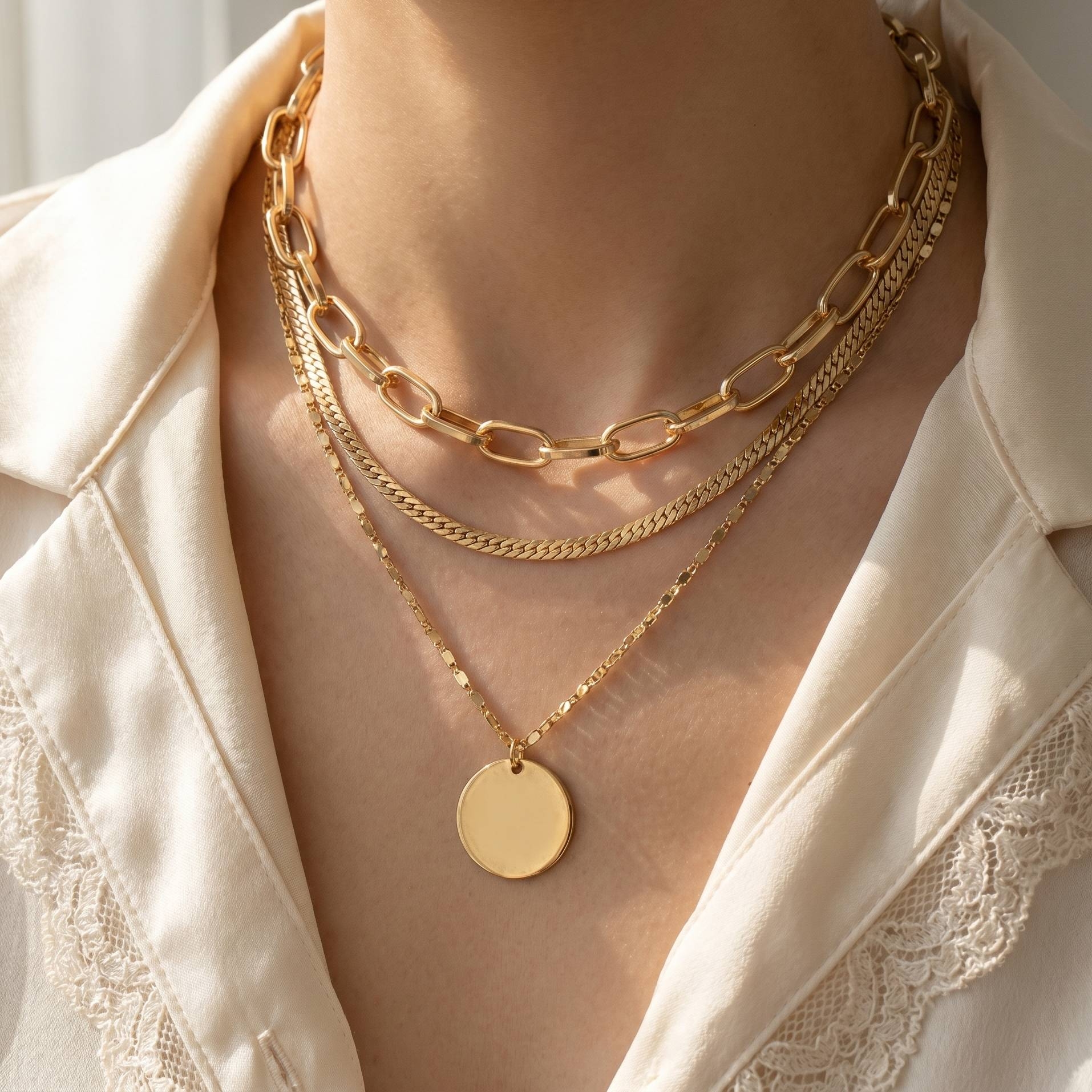 Layered Disc Pendant Choker Necklace