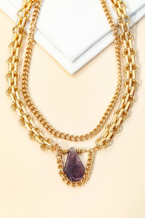 Layered Chain Crystal Stone Charm Necklace