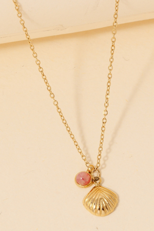 Stainless Steel Clam And Round Stone Stud Charms Chain Necklace