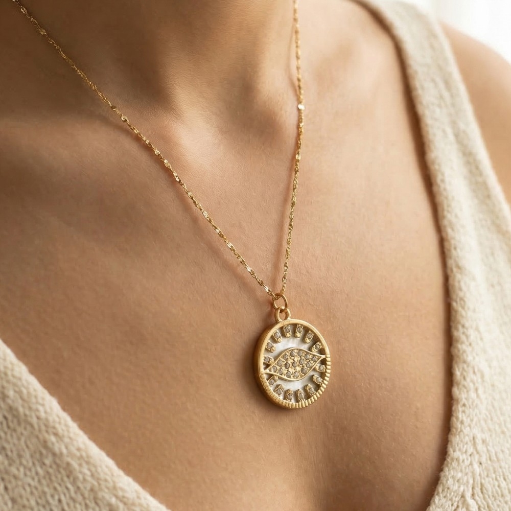 Stainless Steel Studded Evil Eye Pendant Necklace