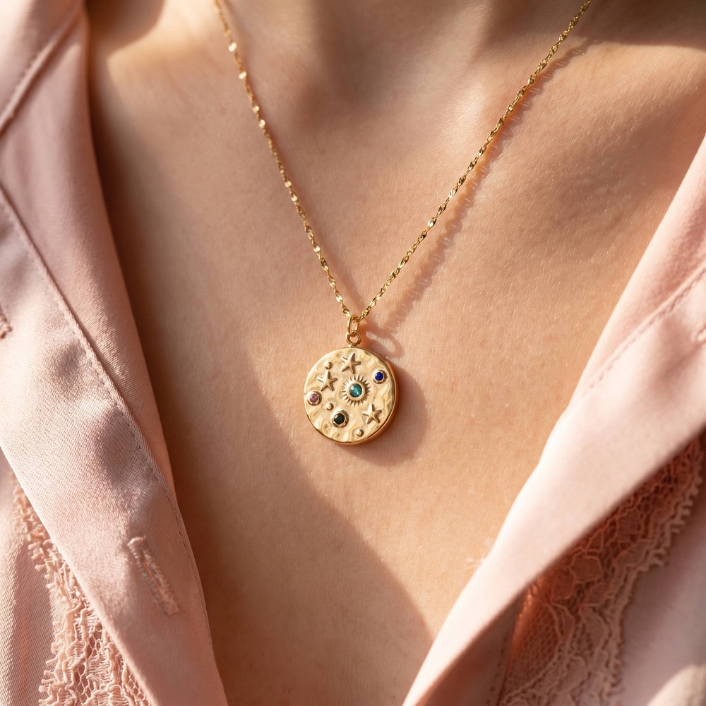 Hammered Coin Star Cz Pendant Necklace