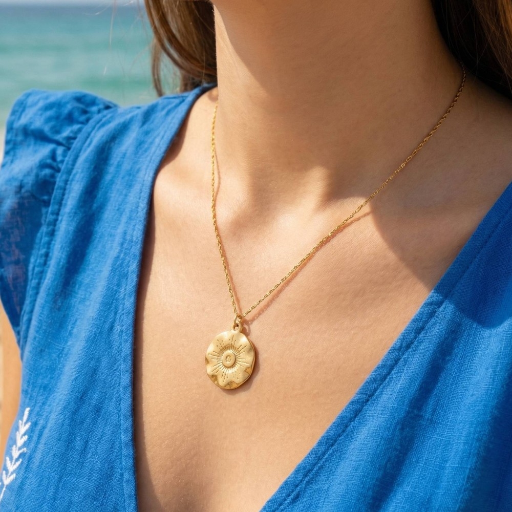 Stainless Steel Flower Etched Coin Pendant Necklace