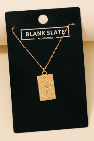 Stainless Steel Evil Eye And Moon Rectangle Pendant Necklace