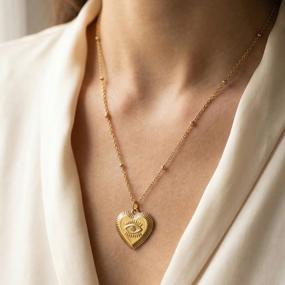 Stainless Steel Single Stud Evil Eye Heart Pendant Necklace