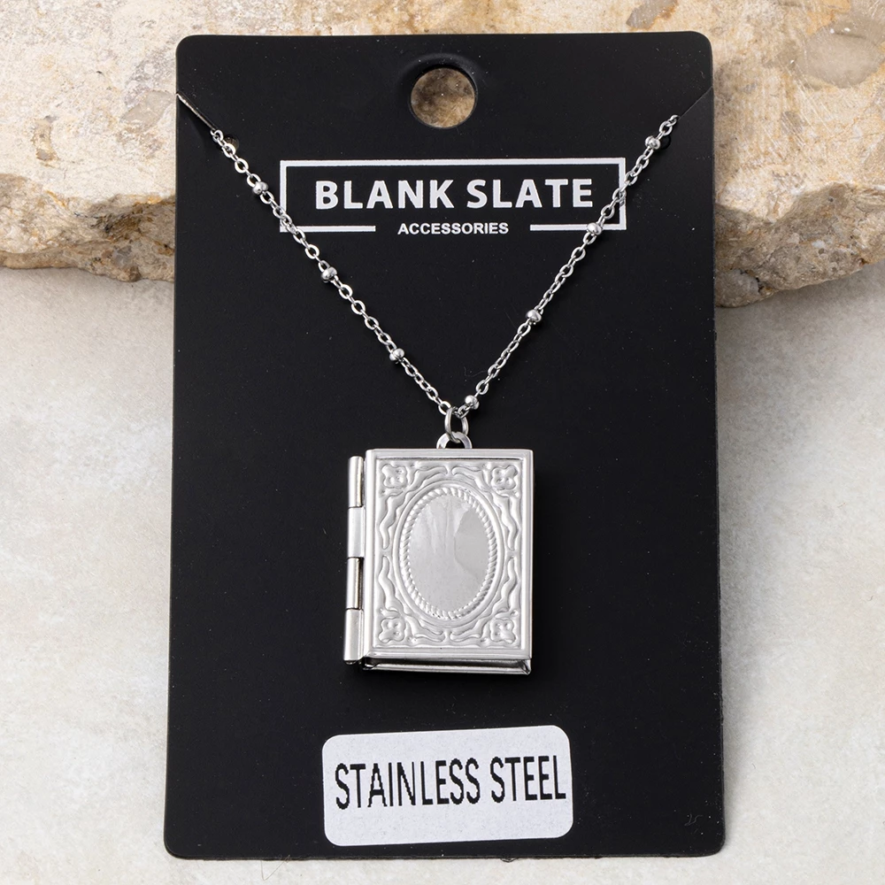 Stainless Steel Engraved Book Locket Pendant Necklace