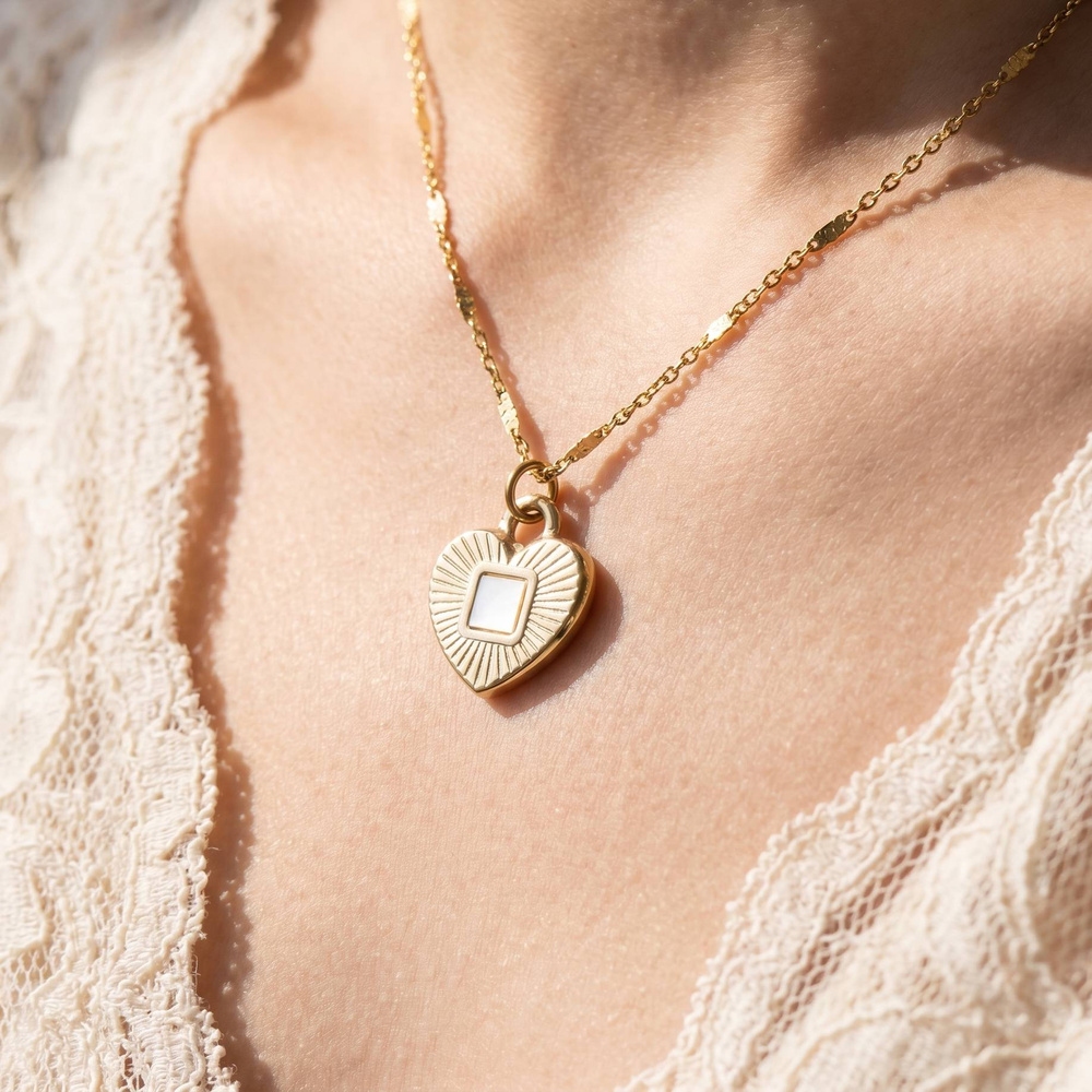 Enamel And Mop Heart Sunburst Pendant Necklace