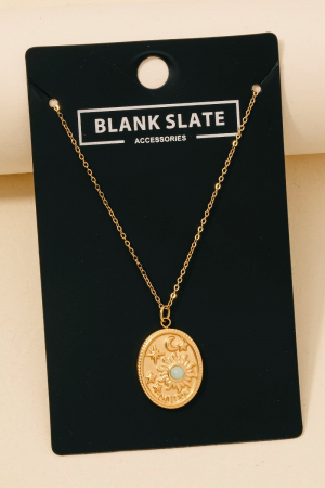 Stainless Steel Sun Moon And Stars Oval Pendant Necklace
