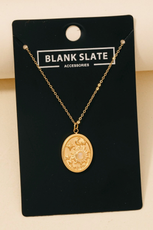 Stainless Steel Sun Moon And Stars Oval Pendant Necklace