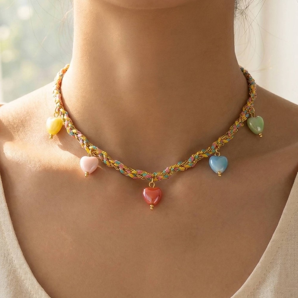 Stainless Steel Enamel Star Charms Cord And Chain Braided Necklace