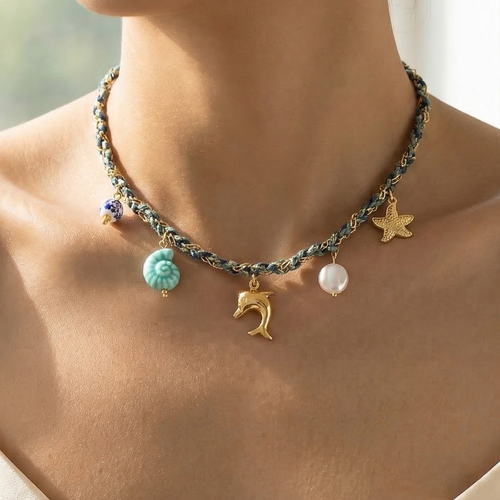 Stainless Steel Sea Life Dolphin And Floral Bead Charms Braided Necklace
