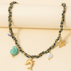 Stainless Steel Sea Life Dolphin And Floral Bead Charms Braided Necklace