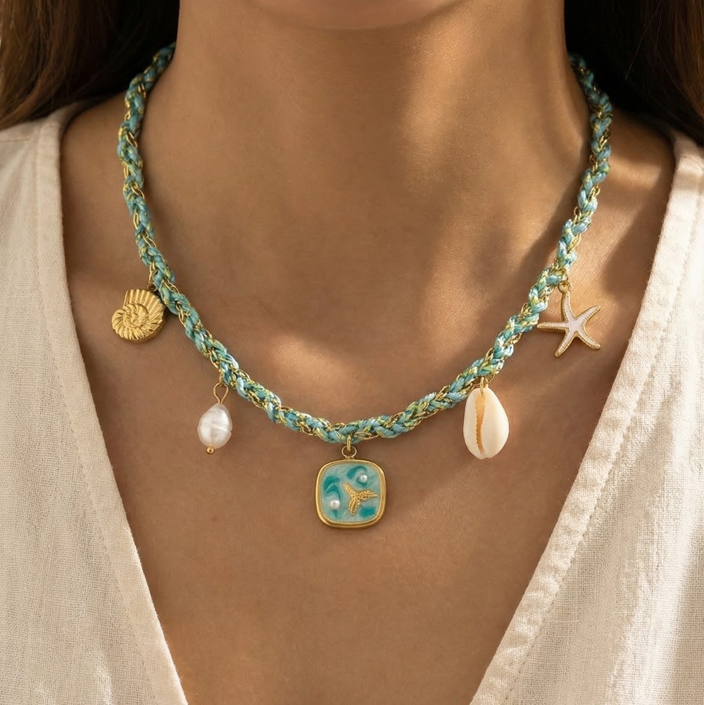Stainless Steel Sea Life Pearl Charms Braided Necklace