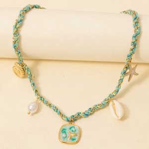 Stainless Steel Sea Life Pearl Charms Braided Necklace
