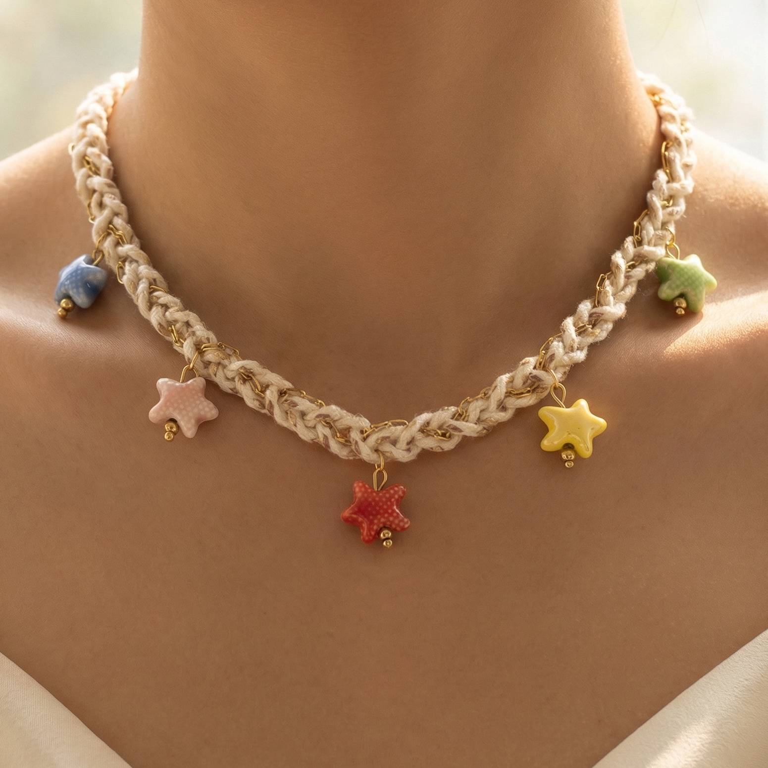 Stainless Steel Enamel Star Charms Cord And Chain Braided Necklace