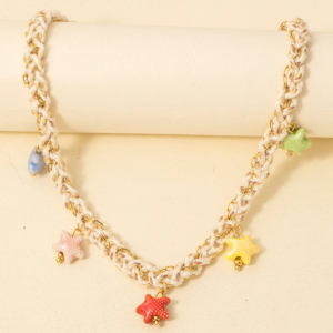 Stainless Steel Enamel Star Charms Cord And Chain Braided Necklace