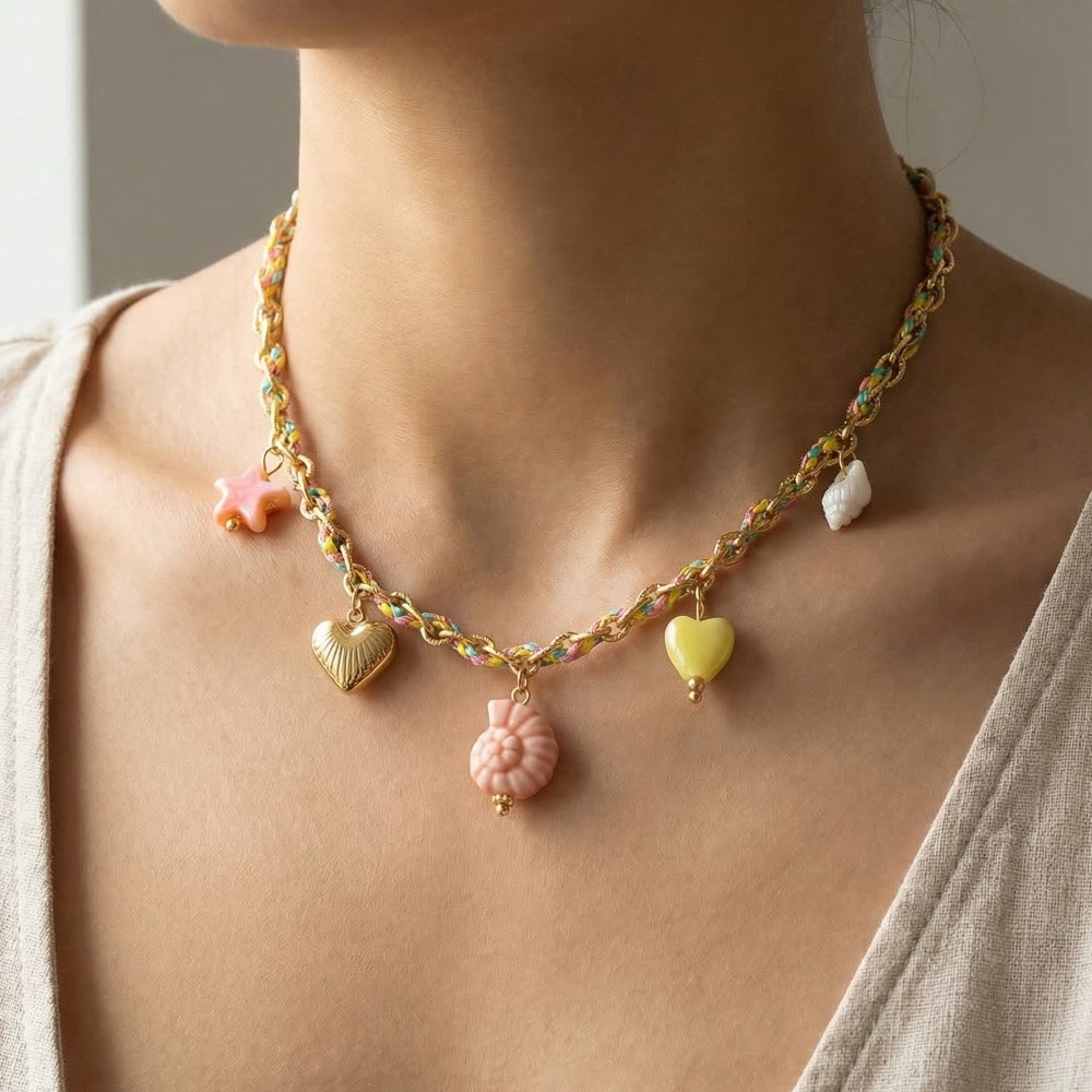 Stainless Steel Sea Life And Heart Charms Braided Necklace