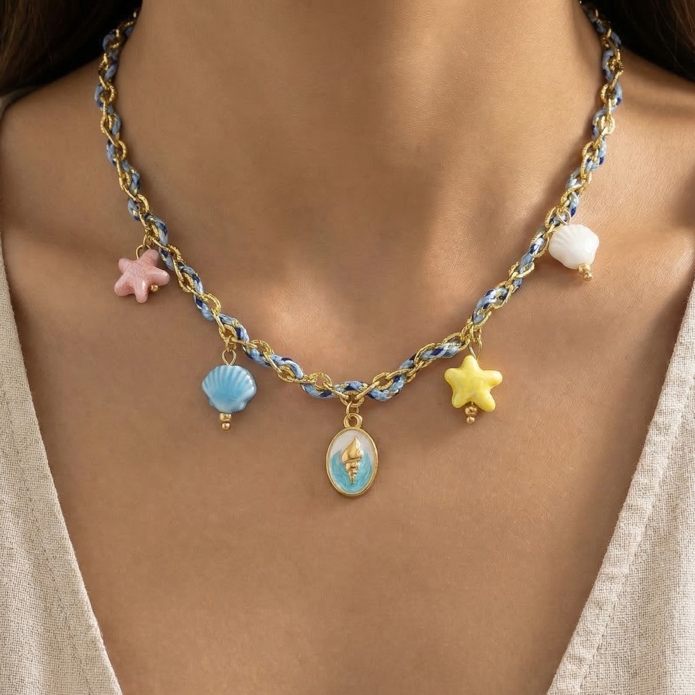 Stainless Steel Conch Shell Coin And Epoxy Sea Life Charms Braided Necklace