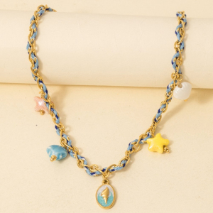 Stainless Steel Conch Shell Coin And Epoxy Sea Life Charms Braided Necklace