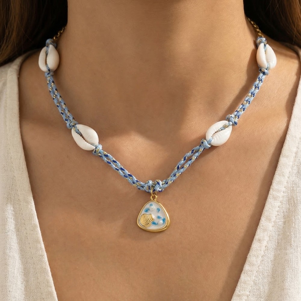 Stainless Steel Sea Life Coin And Puka Shell Charms Braided Necklace