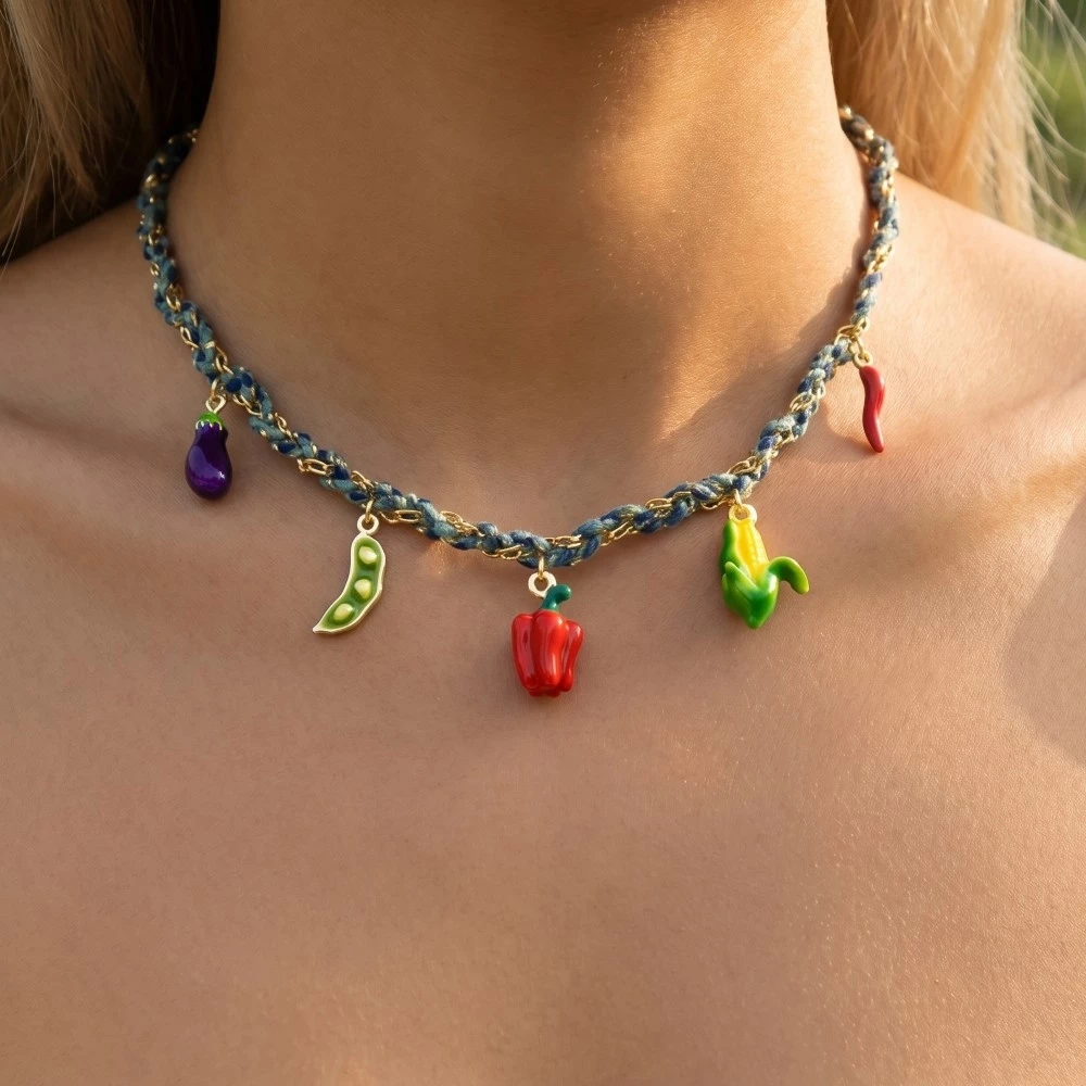 Stainless Steel Mixed Fruits And Veggie Charms Braided Necklace