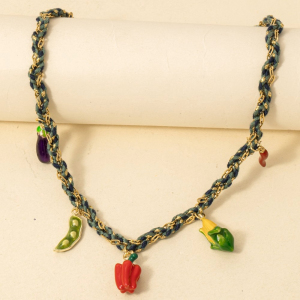 Stainless Steel Mixed Fruits And Veggie Charms Braided Necklace