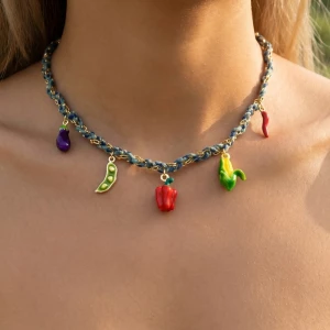 Stainless Steel Mixed Fruits And Veggie Charms Braided Necklace