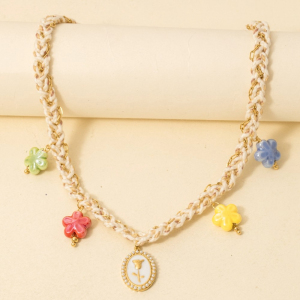 Stainless Steel Flower Coin And Epoxy Charms Braided Necklace