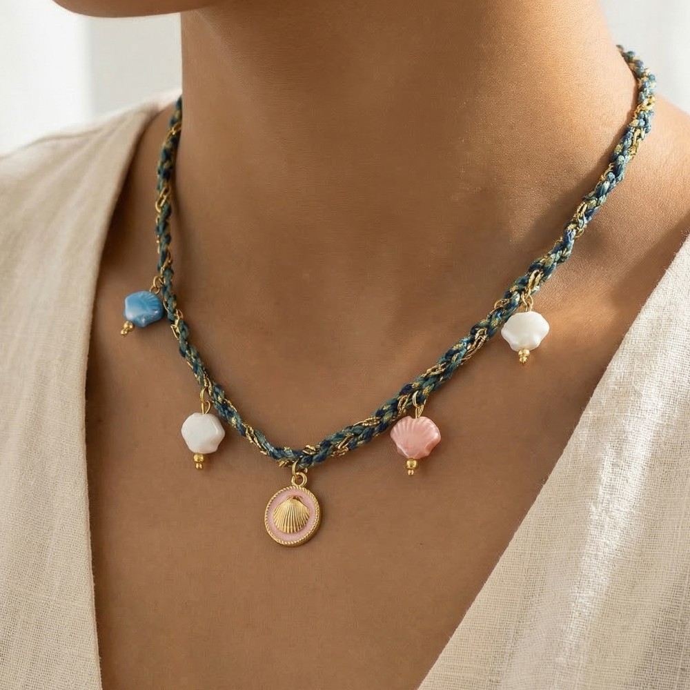 Stainless Steel Clam Shell Coin And Epoxy Charms Braided Necklace