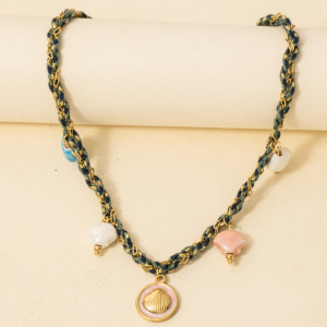 Stainless Steel Clam Shell Coin And Epoxy Charms Braided Necklace