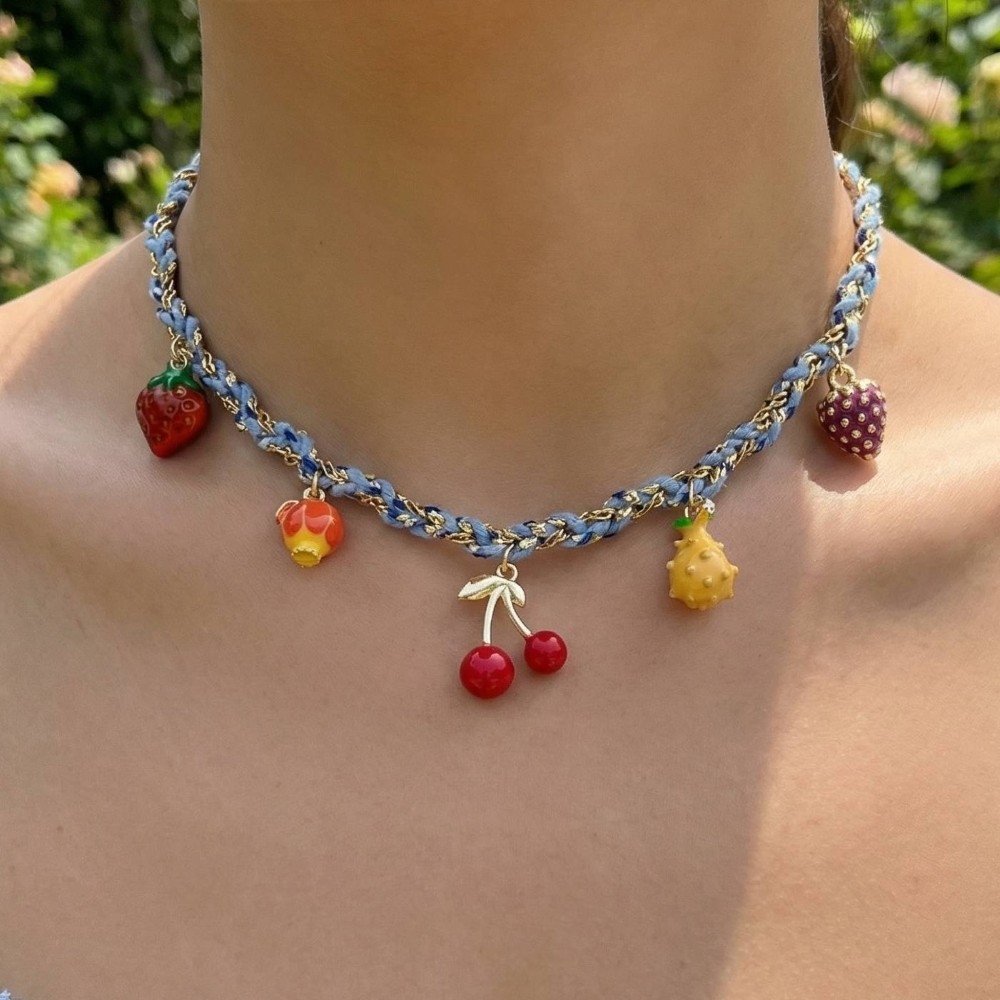 Stainless Steel Assorted Fruits Charms Braided Necklace