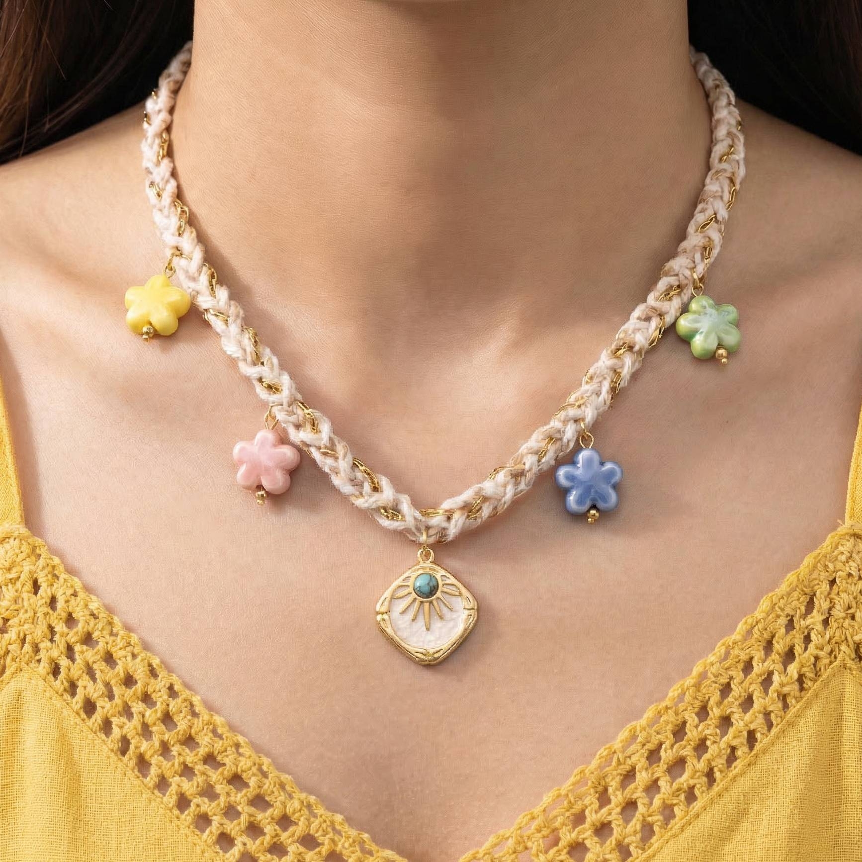 Stainless Steel Enamel Flower Charms And Pendant Braided Necklace
