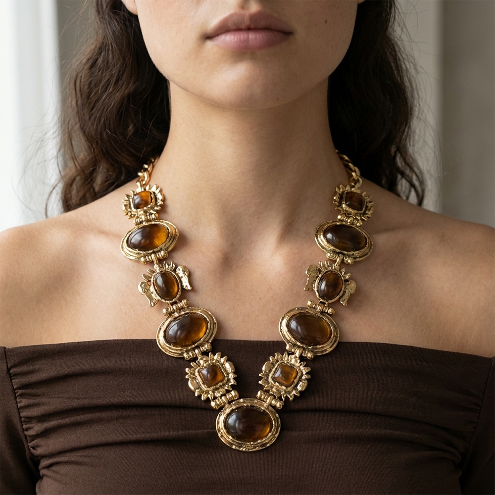Vintage Metallic Set Gems Statement Necklace