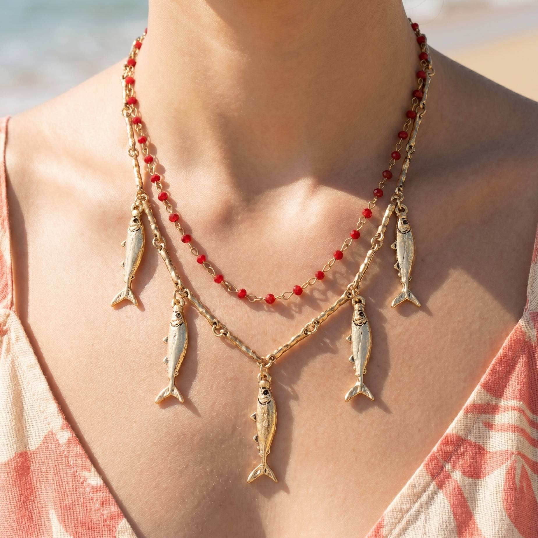 Multi Fish Charms Layered Chain Necklace