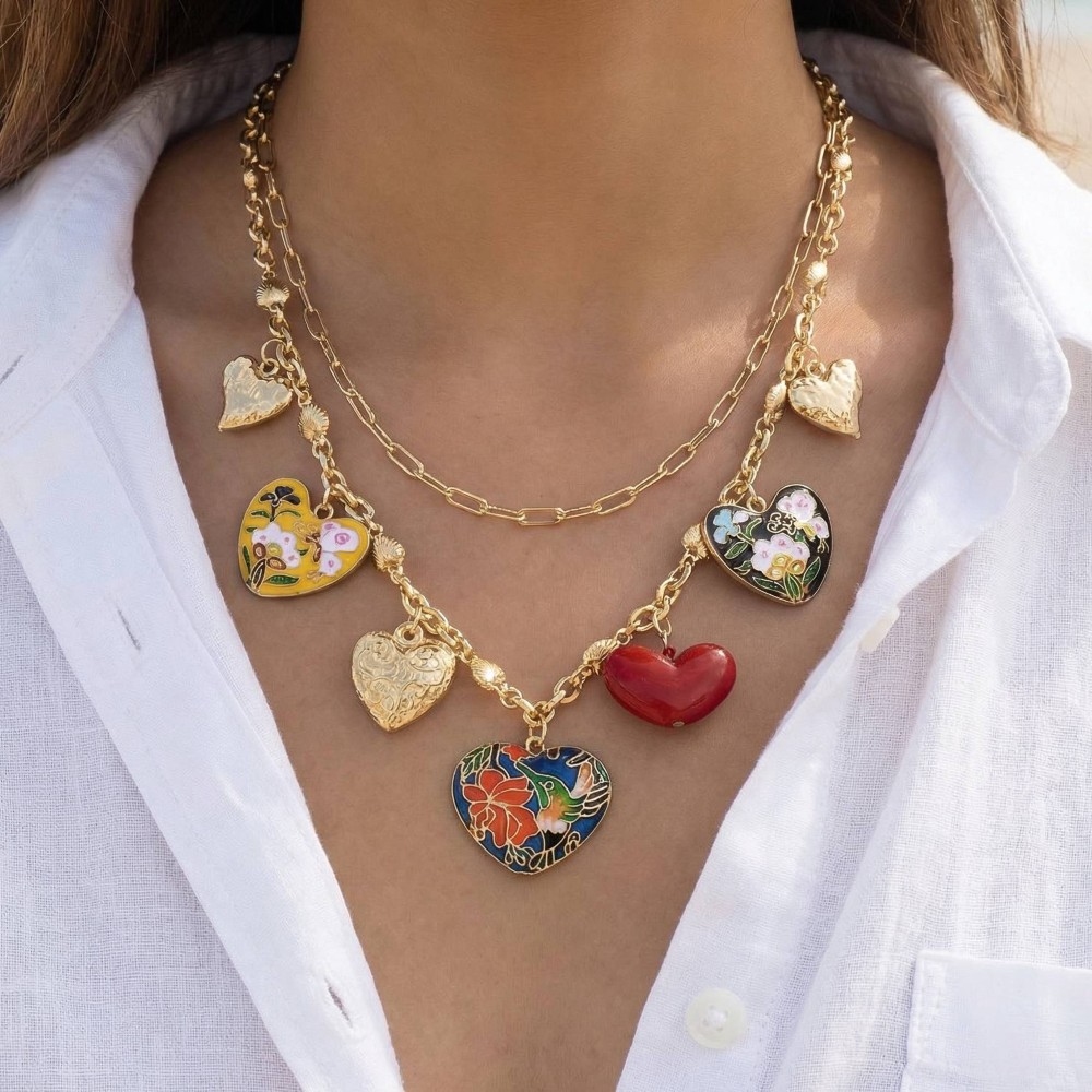 Intricate Enamel And Metallic Heart Charms Statement Necklace