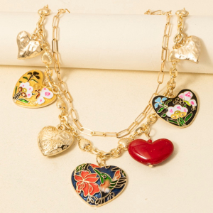 Intricate Enamel And Metallic Heart Charms Statement Necklace