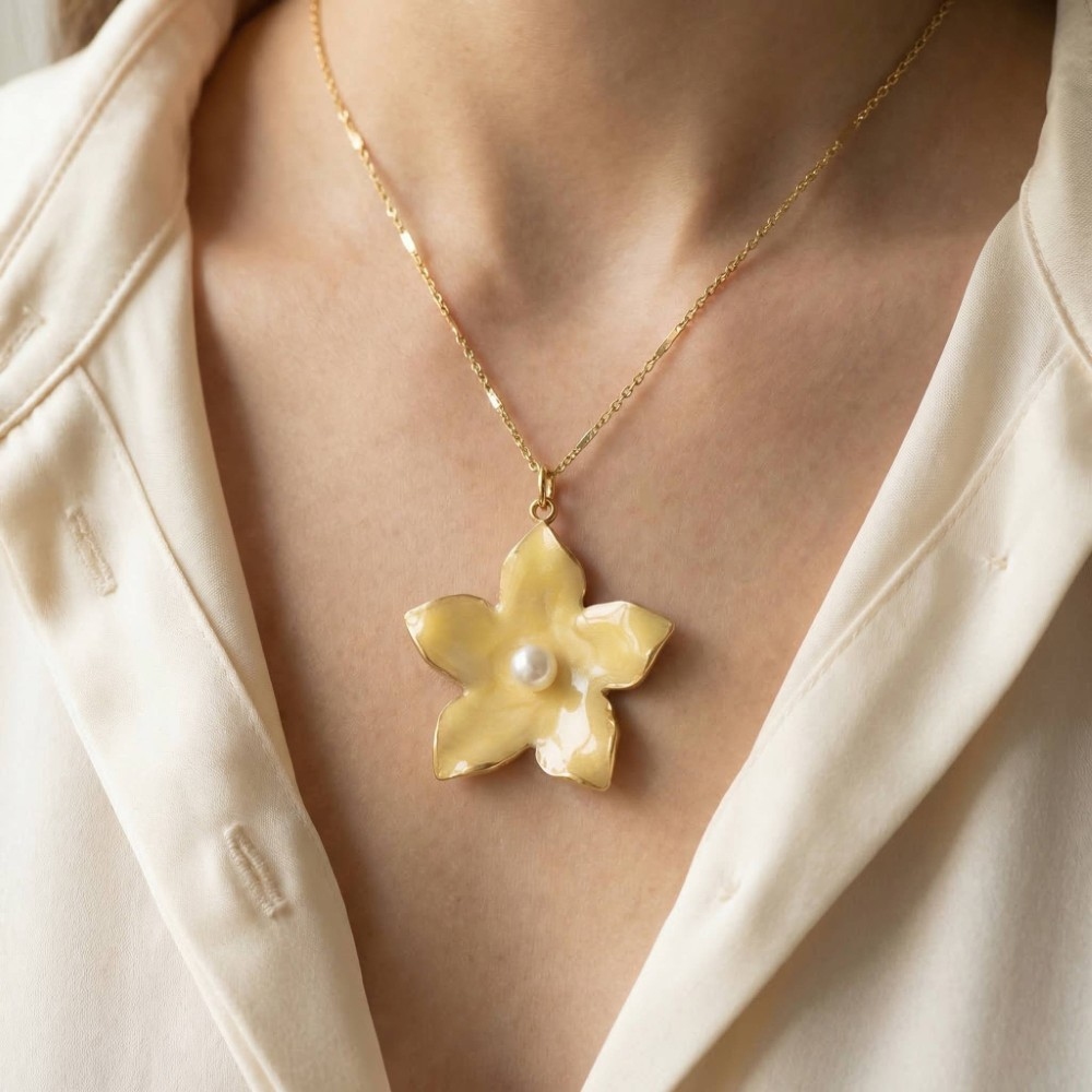 Stainless Steel Pearl Stud Enamel Flower Pendant Necklace