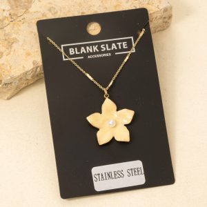Stainless Steel Pearl Stud Enamel Flower Pendant Necklace