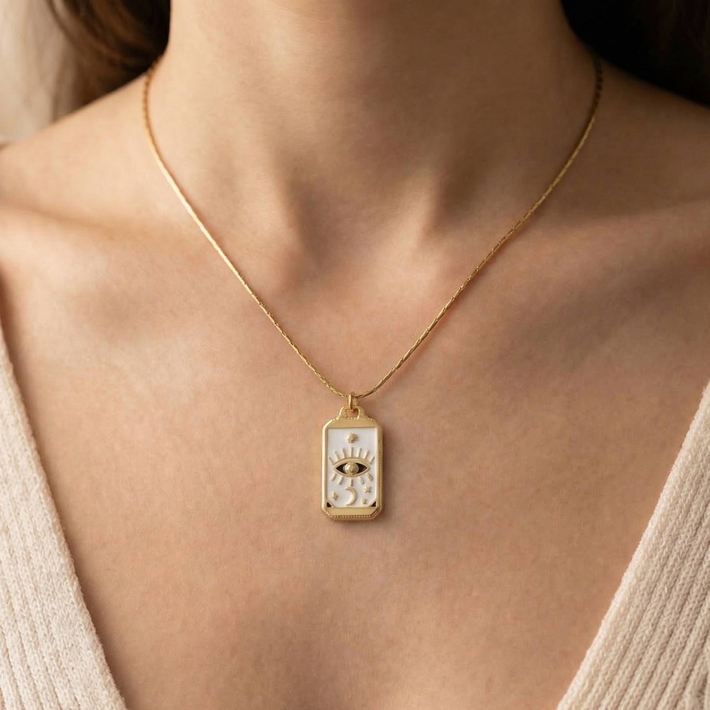 Stainless Steel Enamel Evil Eye Moon Rectangle Pendant Necklace