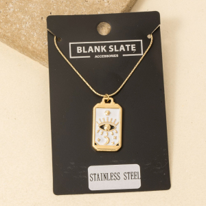 Stainless Steel Enamel Evil Eye Moon Rectangle Pendant Necklace