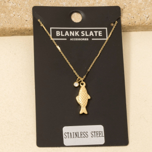 Stainless Steel Fish And Cz Gem Pendant Necklace