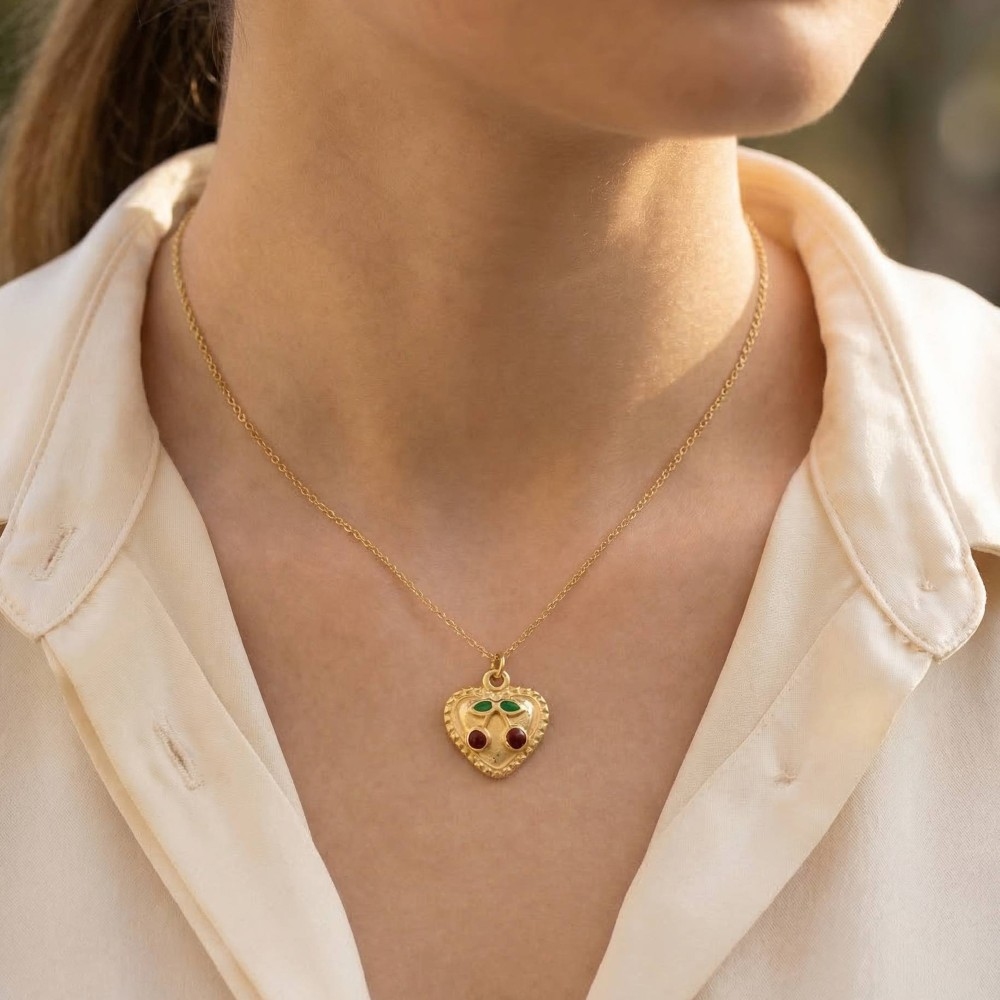 Stainless Steel Heart Cherry Fruit Pendant Necklace
