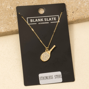 Stainless Steel Cz And Pearl Pave Tennis Racket Pendant Necklace