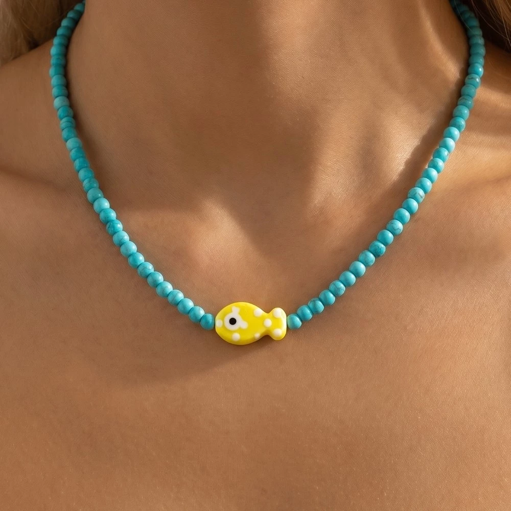 Ceramic Fish Pendant Ball Beaded Necklace