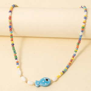 Ceramic Fish Pendant Glossy Colorful Beaded Necklace
