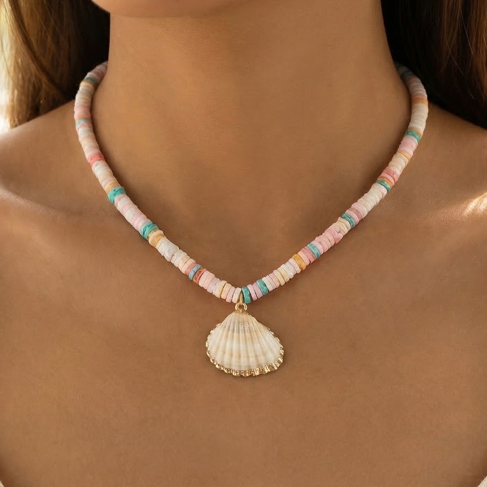 Metallic Dip Clam Shell Pendant Disc Beaded Necklace