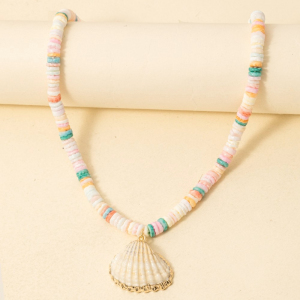 Metallic Dip Clam Shell Pendant Disc Beaded Necklace