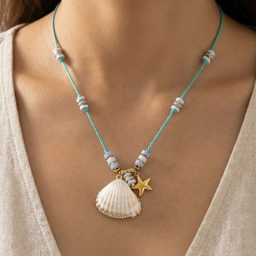 Starfish And Sea Shell Pendants Cord Necklace