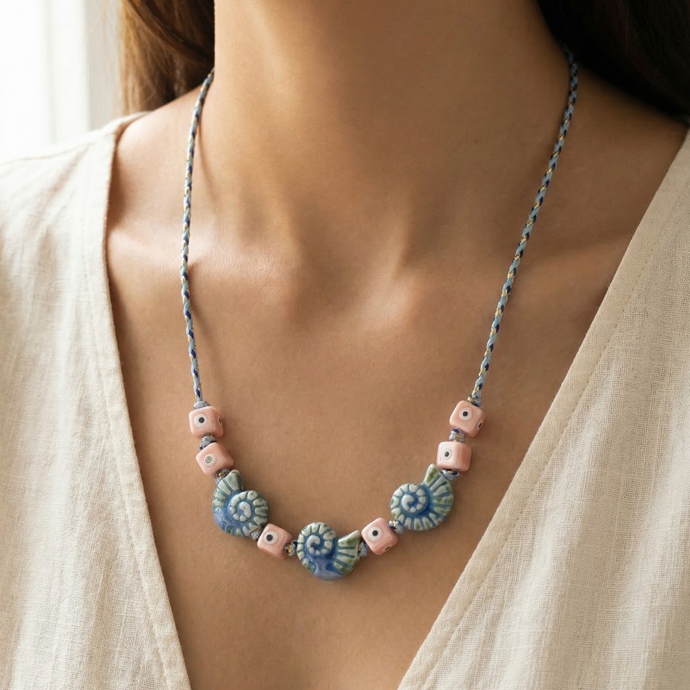 Ceramic Cubes And Sea Shells Cord Braided Necklace