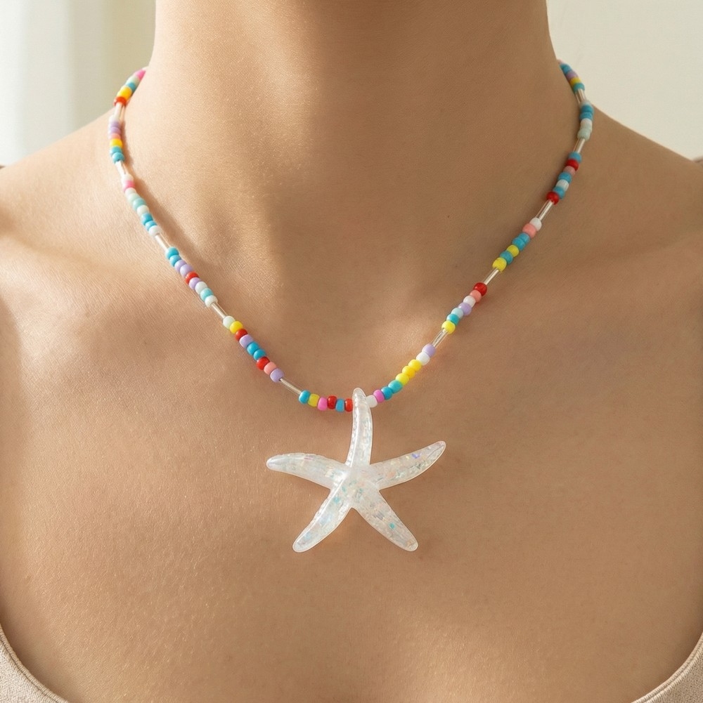 Iridescent Starfish Pendant Vibrant Beaded Necklace