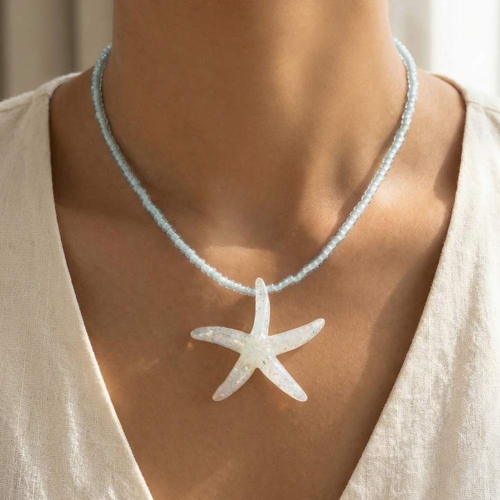 Iridescent Starfish Pendant Beaded Necklace